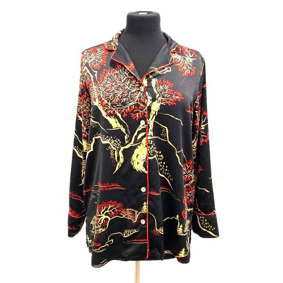 Natori Black Satin Cherry Blossom Floral Long Sleeve Button Up Shirt - Picture 1 of 13